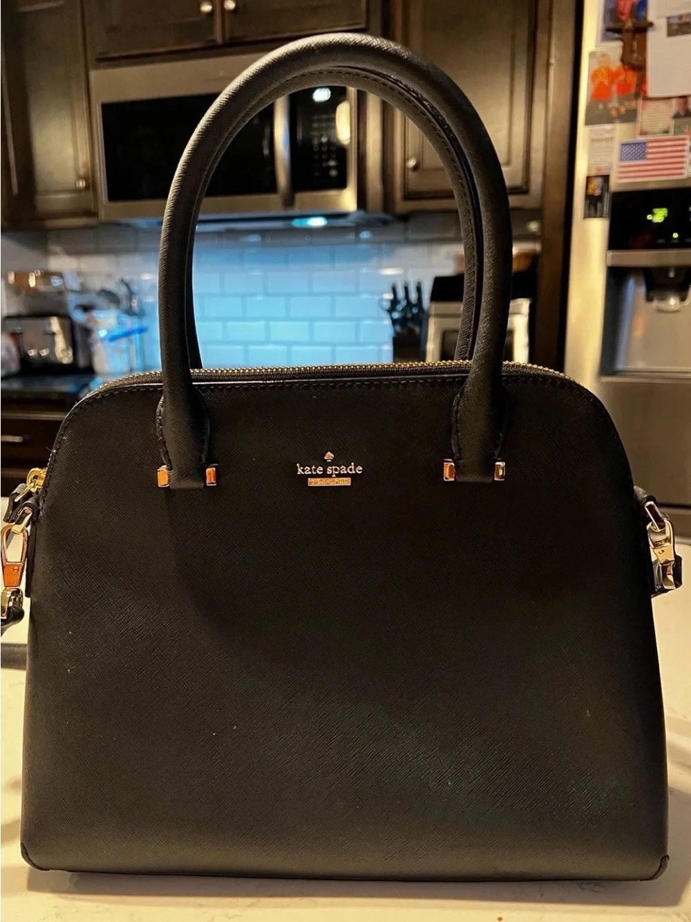 kate spade black leather dome satchel with gold hardware